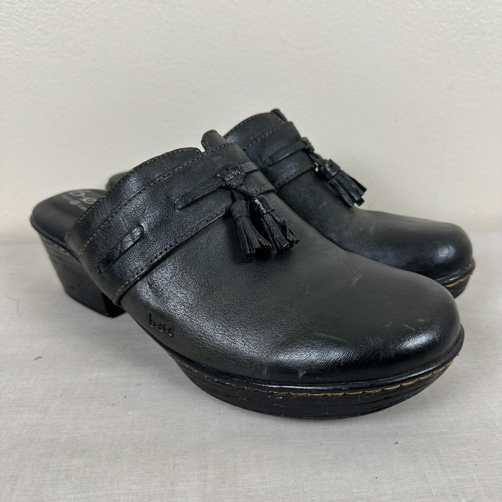 b.o.c. Born Concept Women's 10M Clog Black Leather Tassel Mule Casual